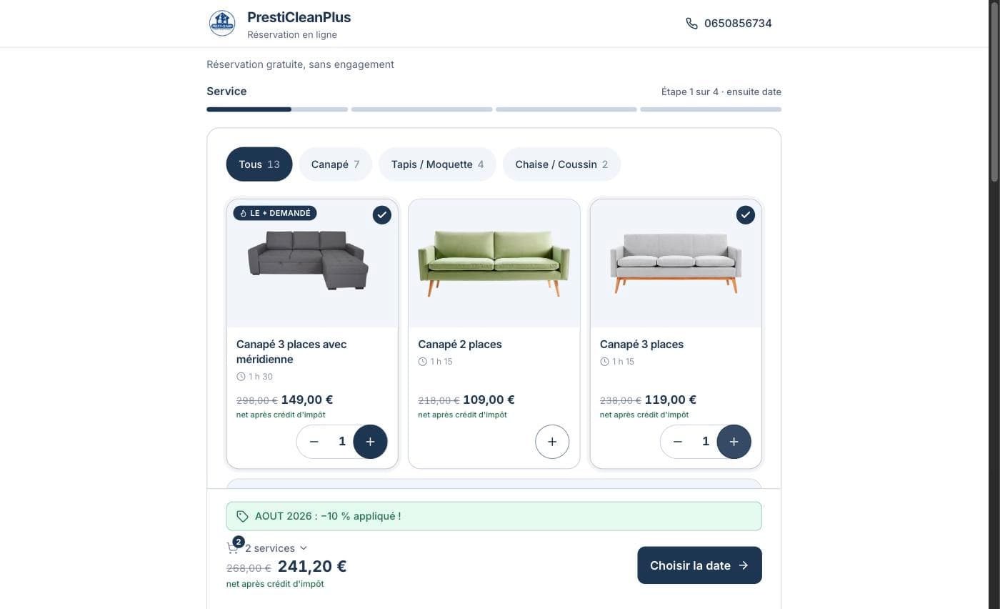 Page de réservation de PrestiClean+ sur CleanBooking : choix des canapés, quantités, total net après crédit d’impôt et bouton Choisir la date