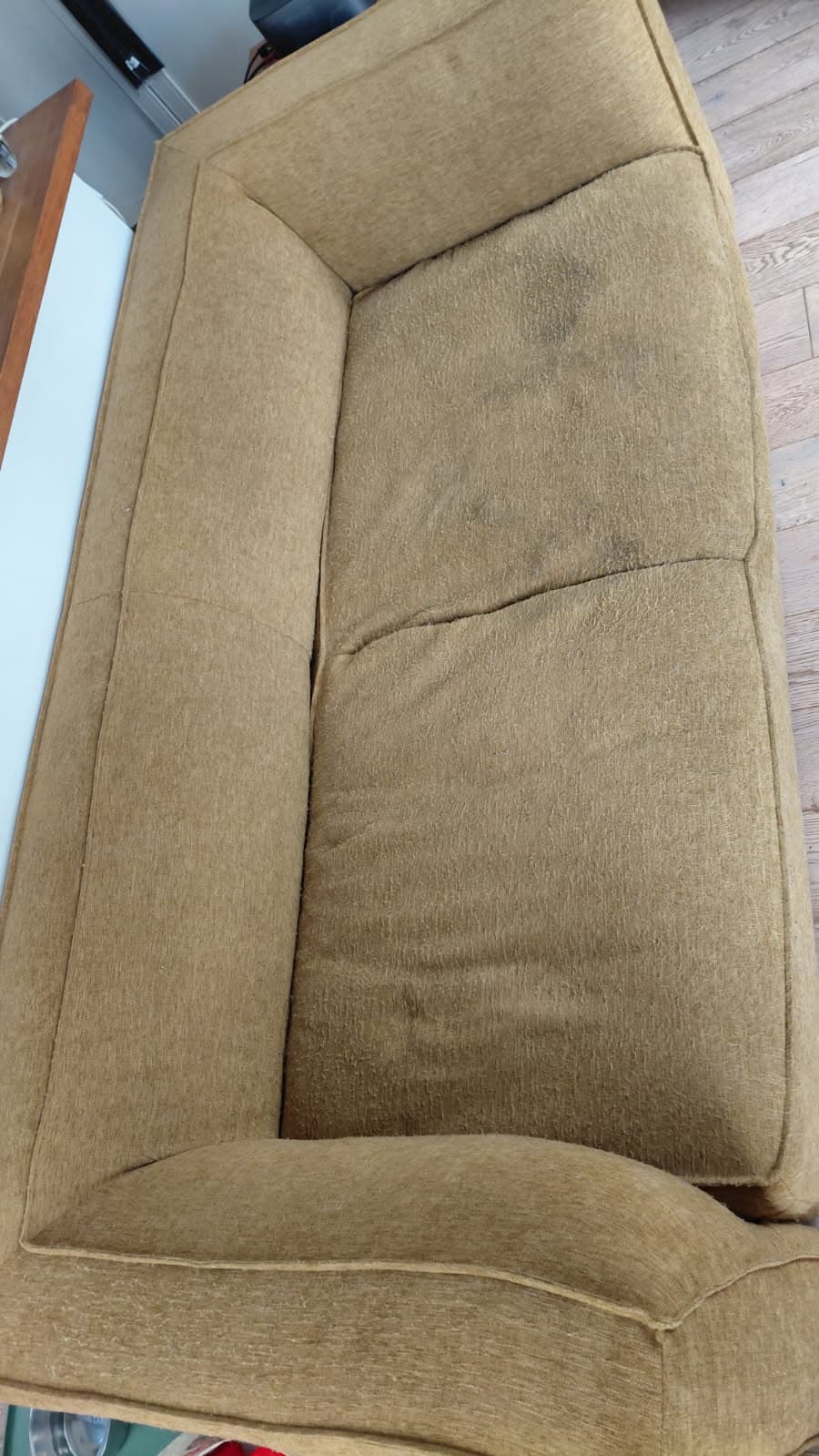 Canapé chenille moutarde avant nettoyage, auréoles sur l’assise