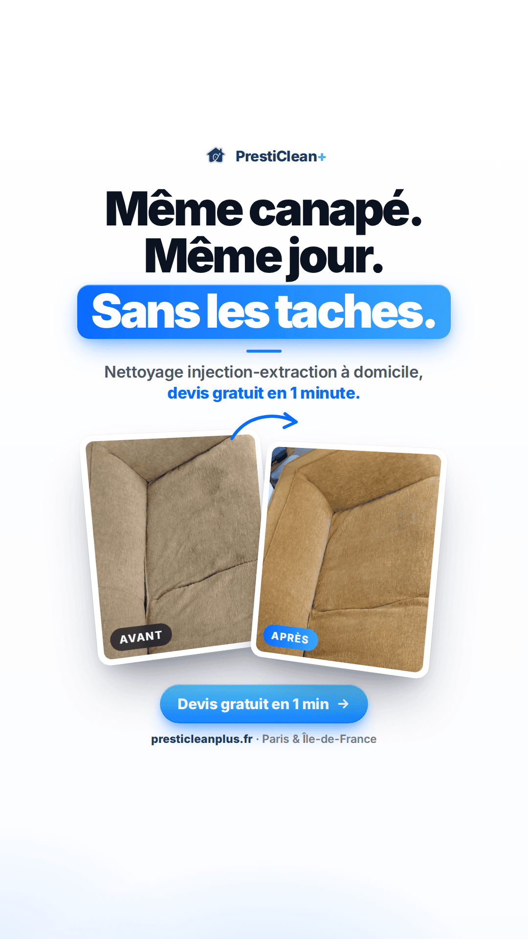 Visuel avant/après généré pour PrestiClean+ : même canapé, même jour, sans les taches